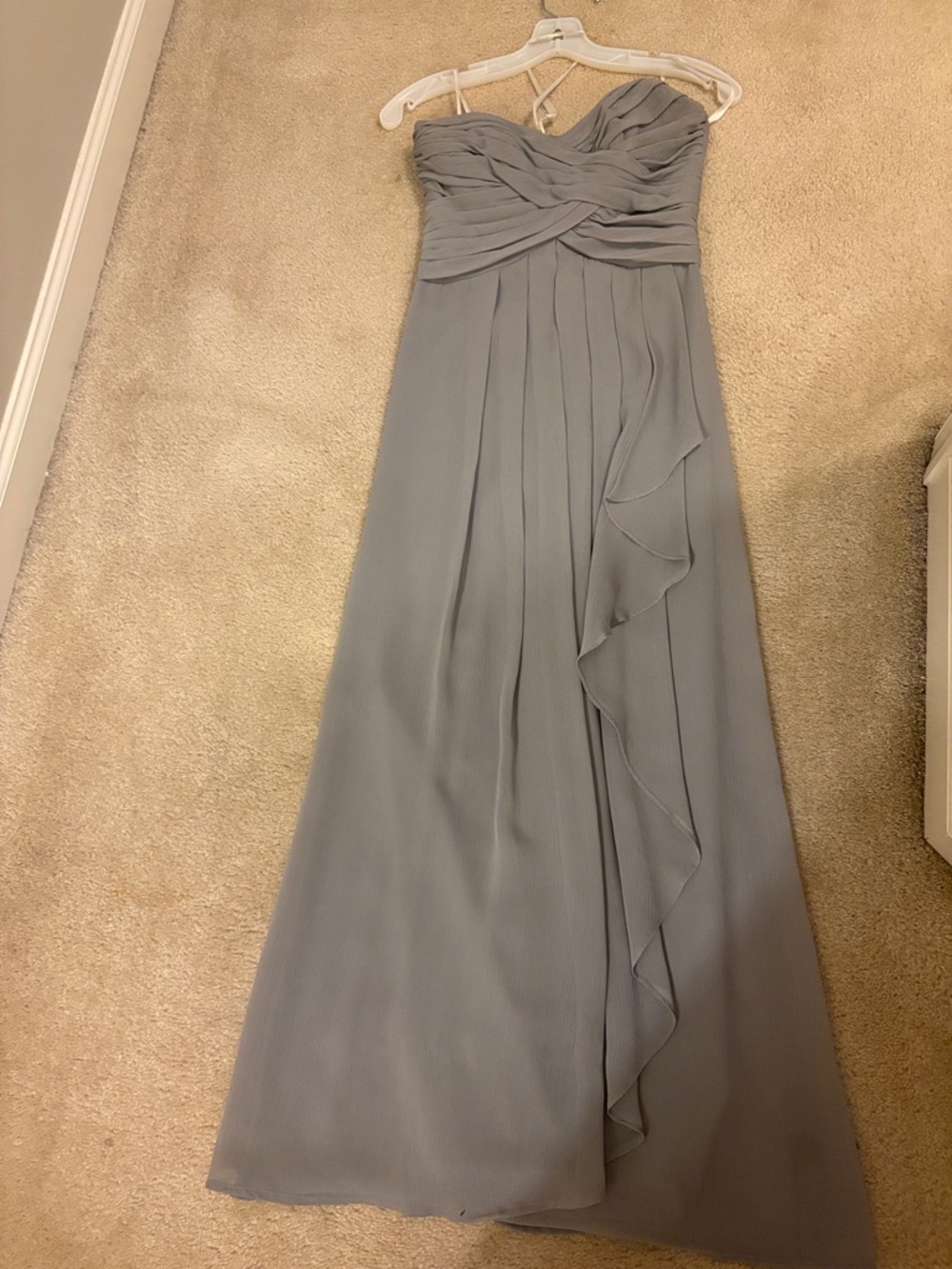 David's Bridal Slate Gray Strapless Ruffled Chiffon Gown